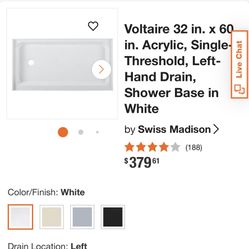 swiss madisson 60x32 acrylic white single, left hand drain shower base.