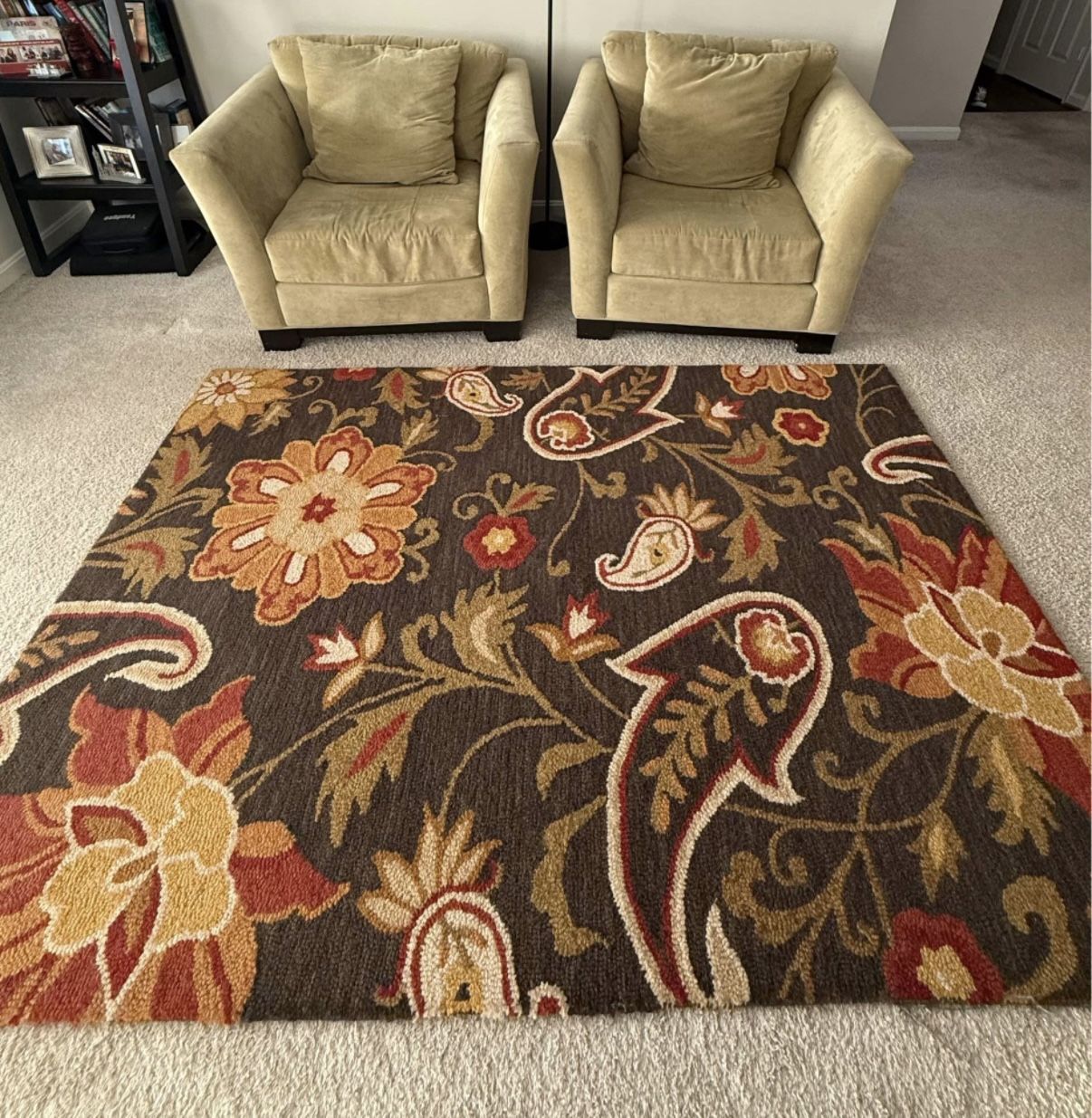 2 Sage Green Macy’s Club Chairs + 5’x7’ Floral Hand-Tufted Rug – $80
