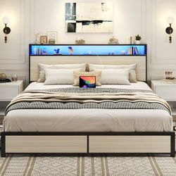 New Heavy Duty King Bed Base with Charging Station and LED Lights, Metal Bed Frame with 4 Storage Drawers and Headboard, No Box Spring Needed, Easy As