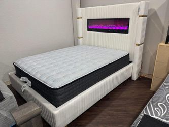 White Upholstered Bed Frame with Built-In Fireplace Headboard - Queen & King Sizes Available - Free Home Delivery