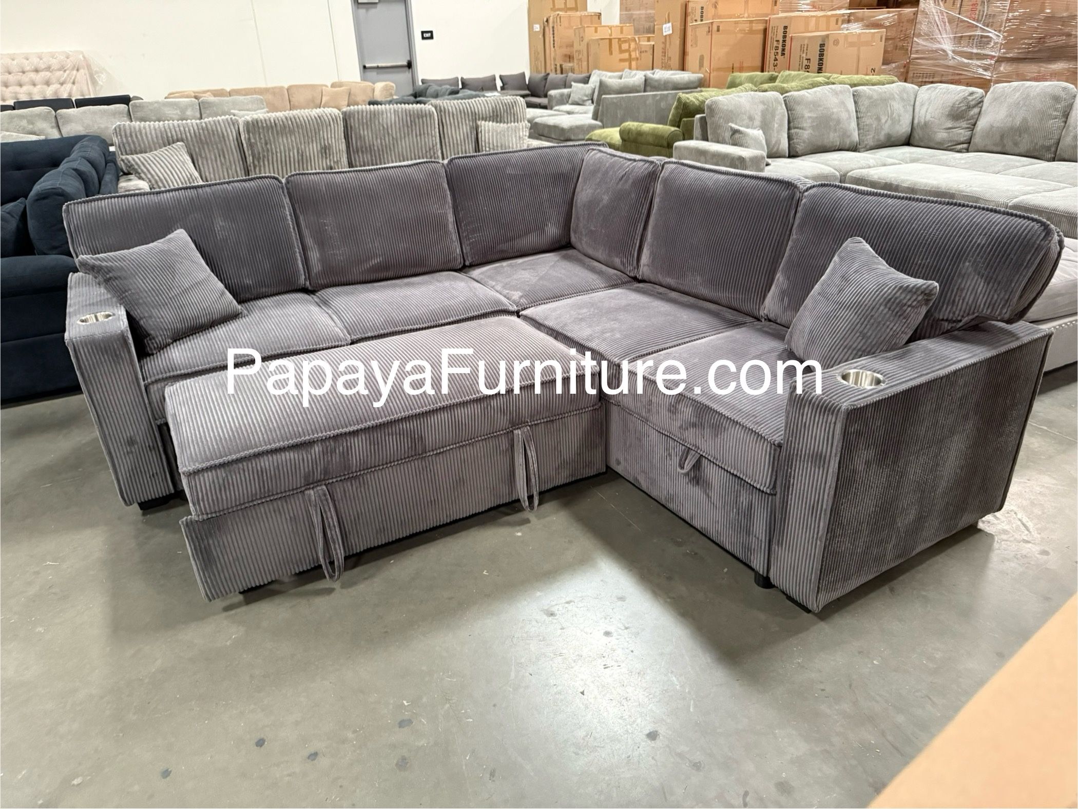 New! Dark Grey Sectional Sofa Bed With Pull-out Sleeper Bed, Sofabed, Sectional Sofa Bed, Sectional With USB PORT And Cupholders, Sofa,Sectional Couch