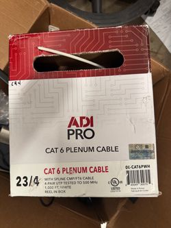 NEW! ADI PRO CAT6 Plenum Cable 23AWG 4-Pair UTP, Solid Copper, 1000ft Reel-in-Box