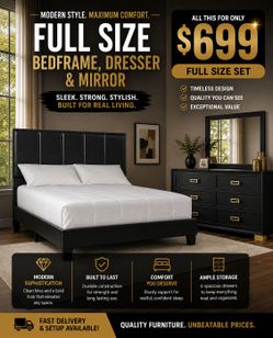 BRAND NEW FULL SIZE BEDFRAME, DRESSER & MIRROR
