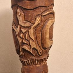 HAND-CARVED AFRICAN-STYLE DRUM - 15" - TURTLE & SNAKE DESIGN