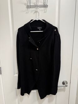 One A women black long-sleeve knit sweater featuring a unique asymmetrical button closure-Xl