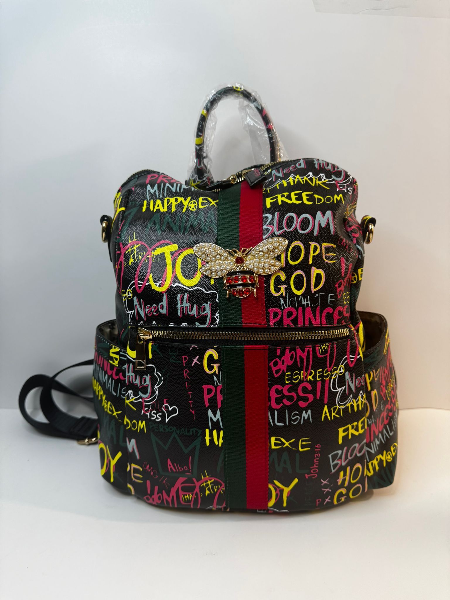 Alba Queen Bee Stripe Graffiti Backpack Handbag
