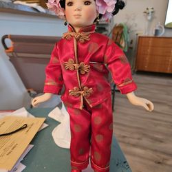Porcelain ASIAN DOLL Beautiful Has A Stand New Condition 14 Inch Tall  30 Obo
