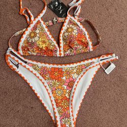 New medium large orange 60s hippie boho floral bikini swimsuit festival outfit