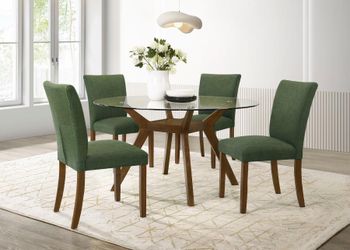 5-Piece Round Glass Top Dining Set with Beige Parsons Chairs