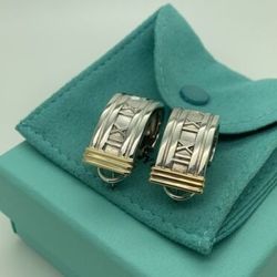 Tiffany Co Sterling Silver 18k Gold Atlas Roman Numeral Hoop Earrings 1995