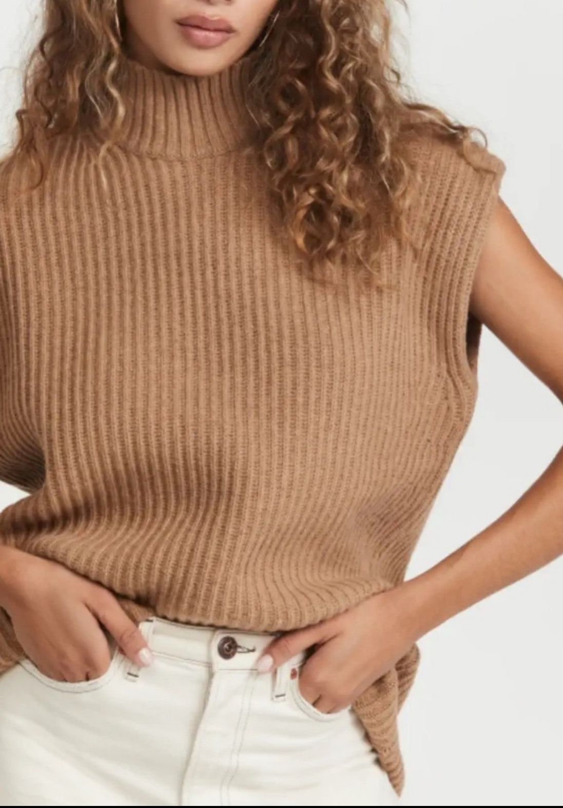 ## New without tag ##   Ganni Mock Tan Neck Sweater Vest  Fabric: Heavyweight ribbed knit Turtleneck Color : camel  Split high-low hem Shell: 60% recy