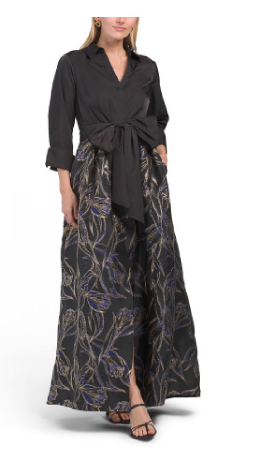 ADRIANNA PAPELL Collared Shirt Dress Gown With Jacquard Floral Skirt