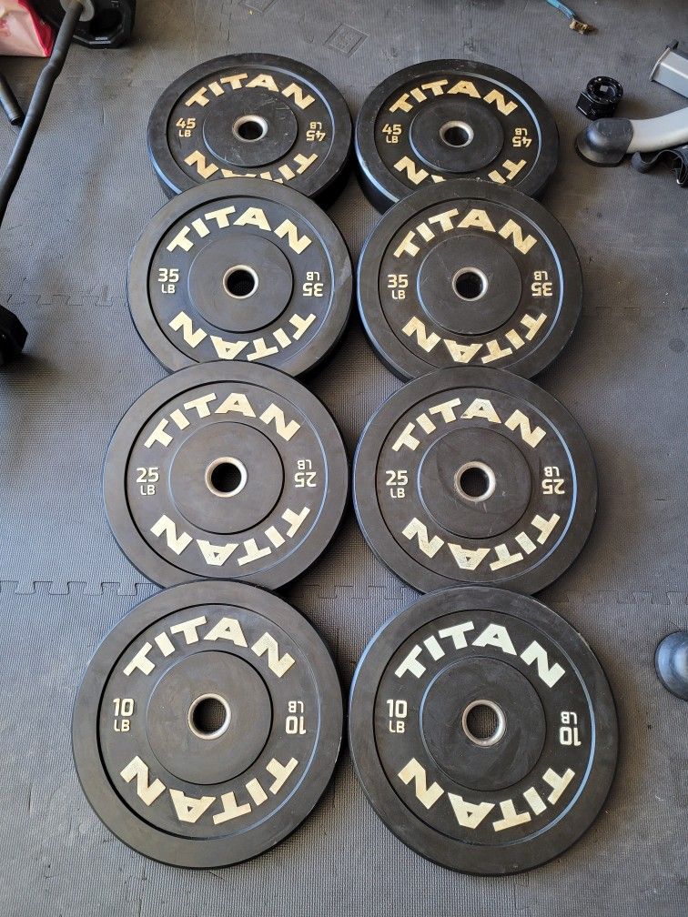 TITAN Olympic Bumper Plates (2x45Lbs,2x35Lbs,2x25Lbs,2x10Lbs) for $325 Firm (Walnut 91789)