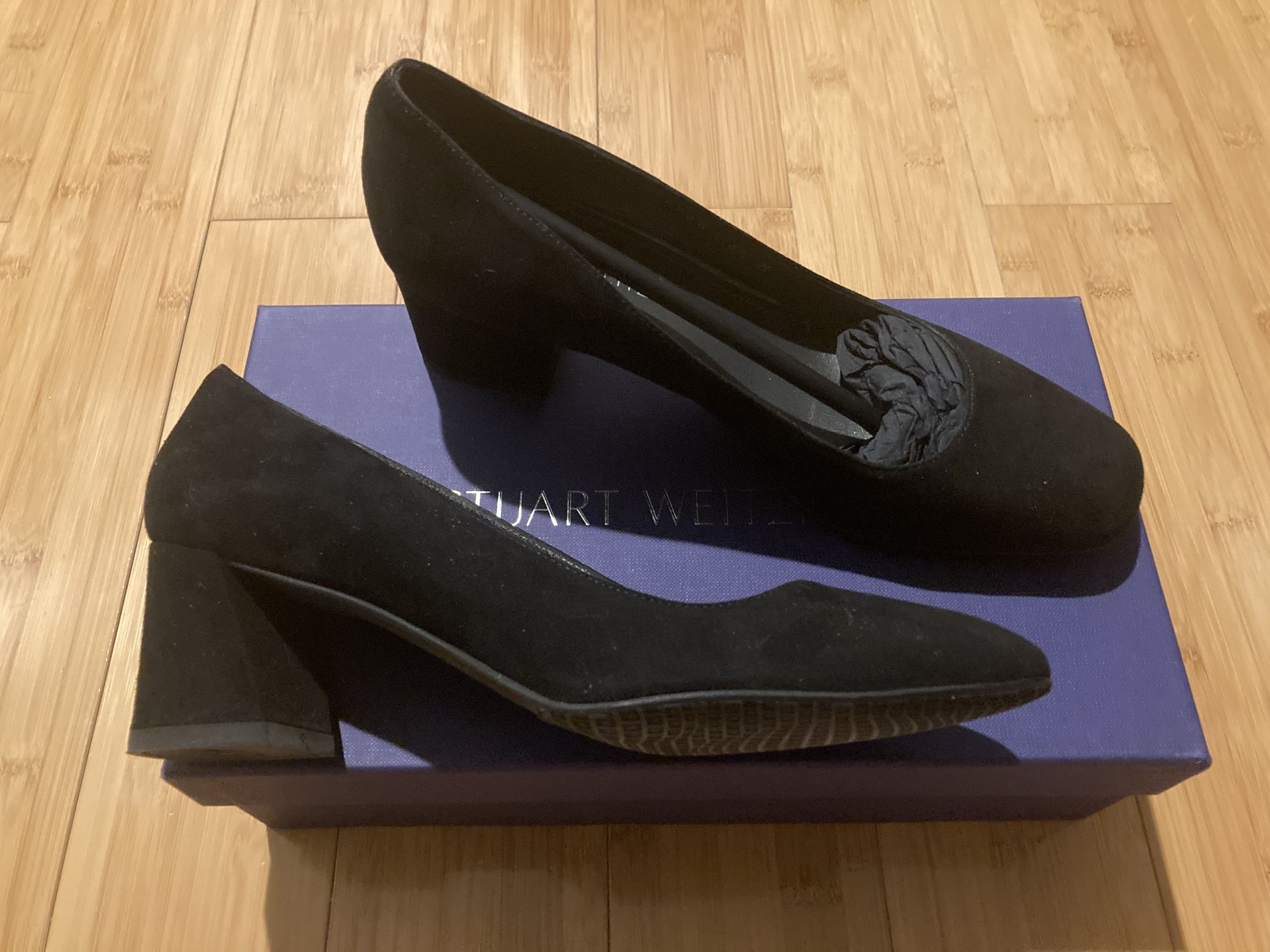 STUART WEITZMAN Black Suede Marymid Angled Block Women Heel Pumps Black 6.5