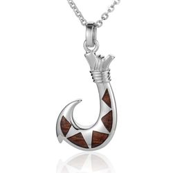 Sterling Silver Fish Hook with Koa Wood Inlay Pendant 