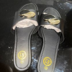 Black Slide Sandals with Gold Leaf Detail