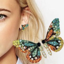 Brand New Colorful Rhinestone Butterfly Stud Earrings