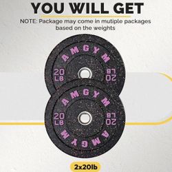 🥨2Pcs 20 LB Bumper Plate Set with Colored Flecks, 2 Inch Standards Weights Plates,High Bounce Low Noise Odorless Weights for Barbell Workouts