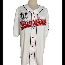 Disney Mickey Mouse Disneyland Resort Baseball Jersey medium Embroidered White, with red ‘embroidered Disneyland logo red letters, button up, new with