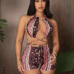 Floral Print Cross Cross Backless Halter Top And Shorts Set 