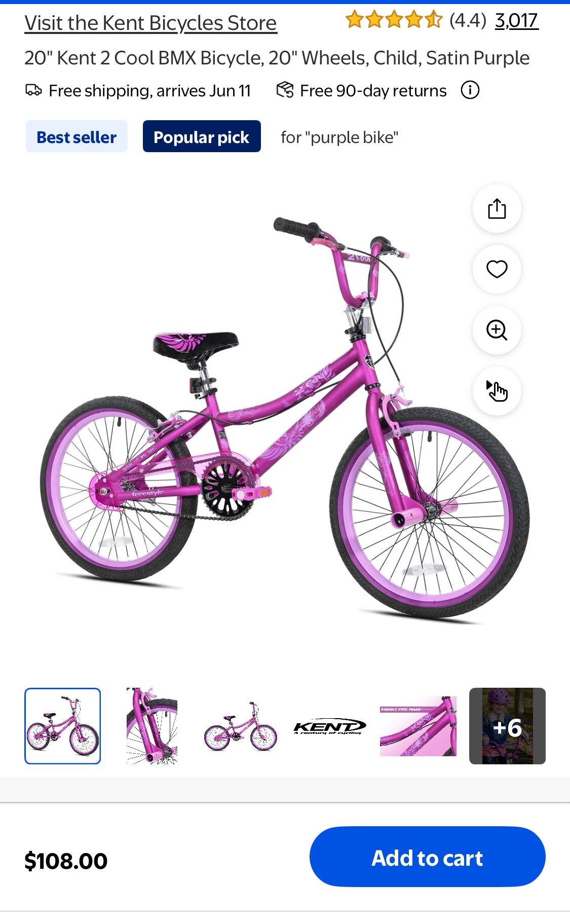 Girls Bike : 20" Kent 2 Cool BMX Bicycle Satin Purple