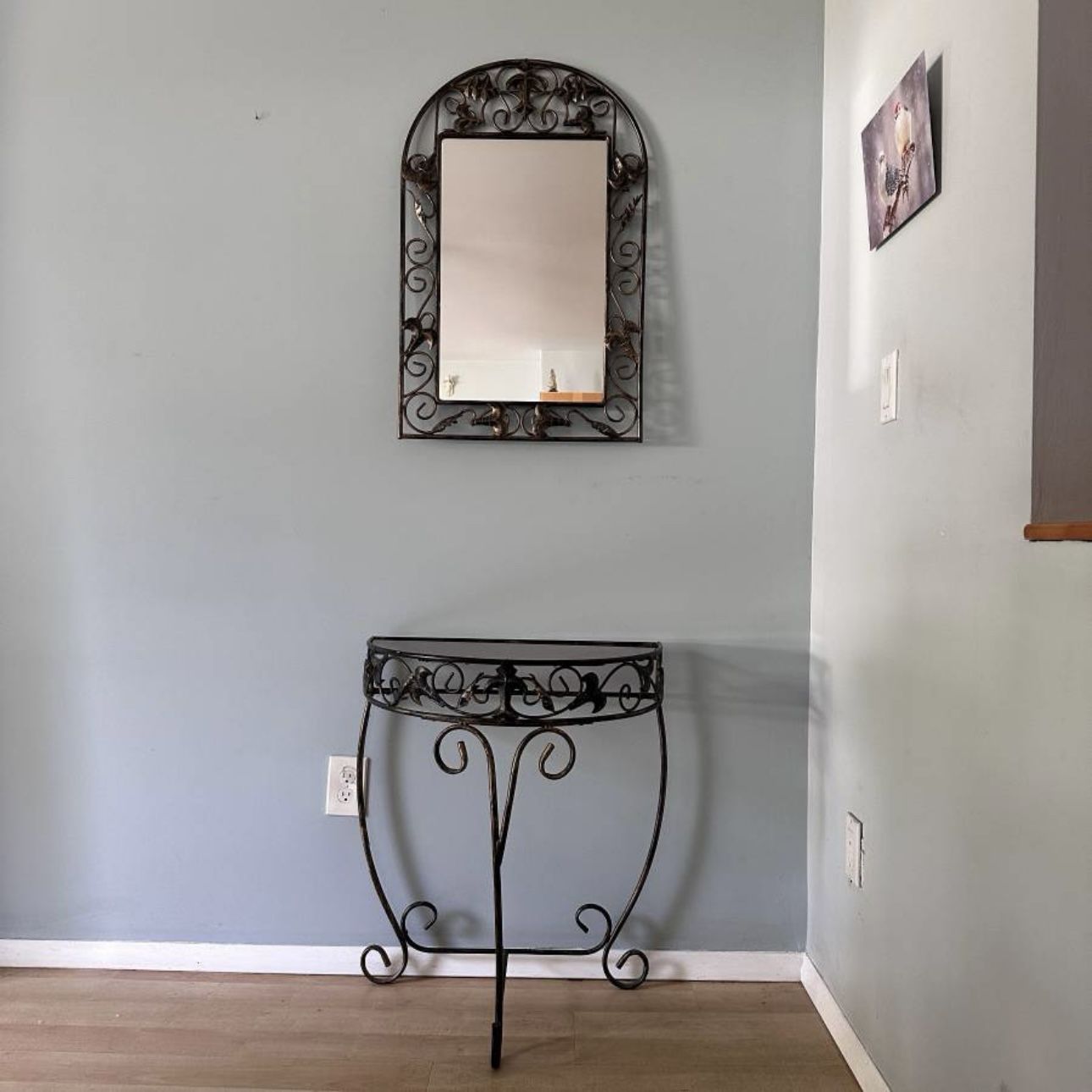 Demilune 24 in Console Table Glass Top w. Wall Mirror - Rustic Bronze