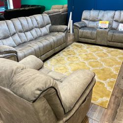 Barcelona, soft gray reclining sofa and loveseat set $999. Single recliner chair $399. Easy finance option. Same day delivery.