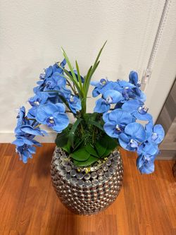 Artificial Blue Orchid Arrangement in Silver Vase