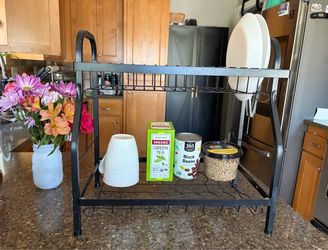 Metal Dish organizer rack for kitchen dishes or other items. Could be used in a shelf as organizer about 16.5Hx16.5w