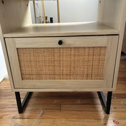 Rattan & Wood Storage Nightstands Oak (Set of 2) 