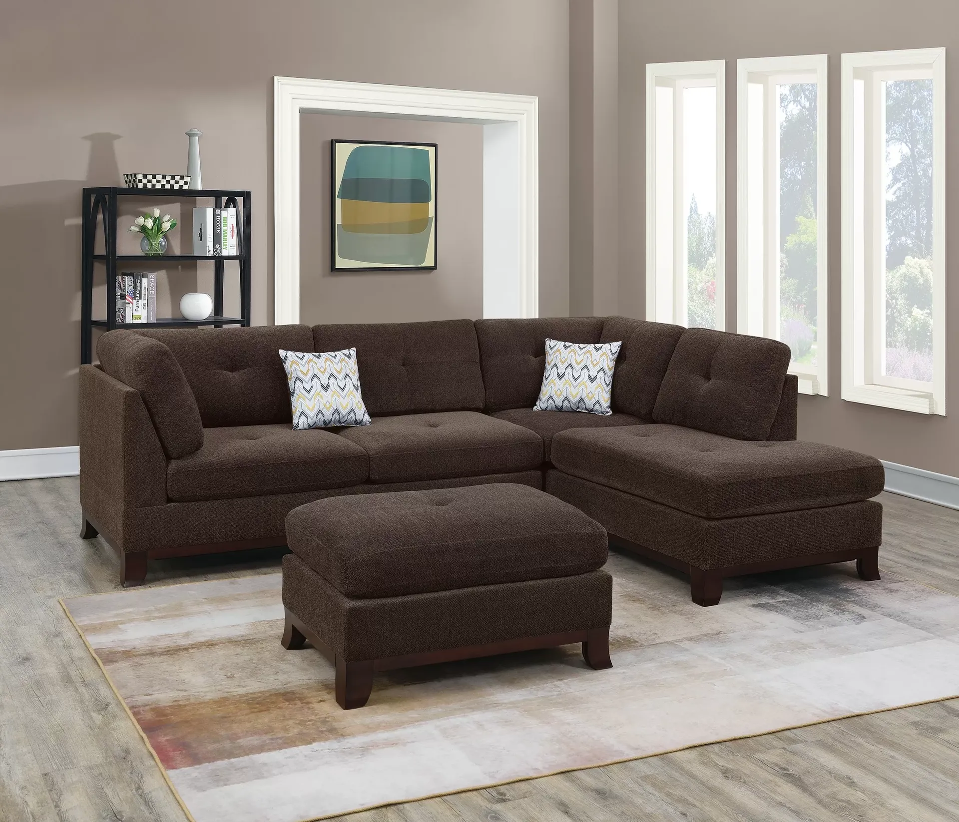 CHOCOLATE SECTIONAL WITH OTTOMAN AND ACCENT PILLOWS