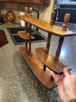 Vintage multi-tiered wood wall shelf with spindles