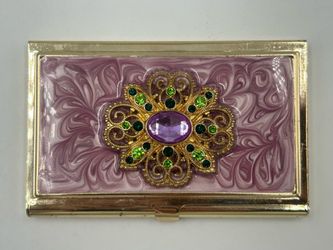 Purple Jeweled Business Card Holder Gold Tone Rhinestone Pocket Case Metal