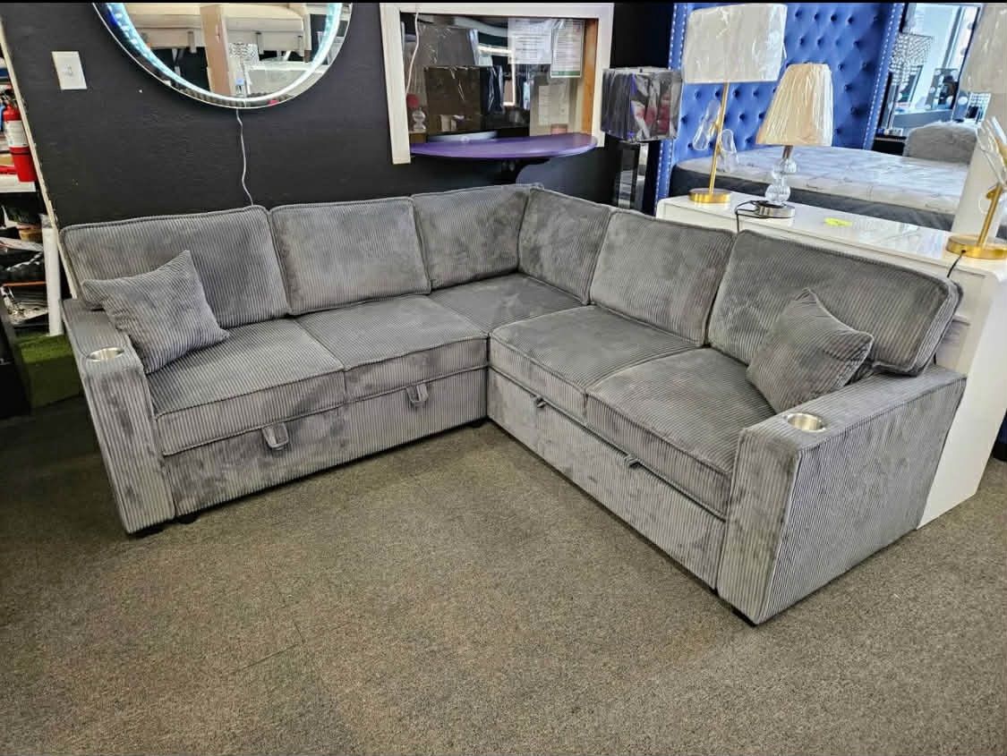 New Corduroy Sectional W Pullout Bed / Storage.  Grey.  90”x90”.  Free Delivery!
