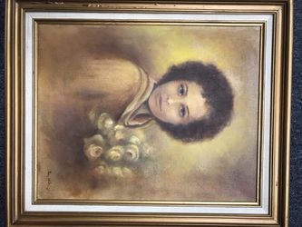 Estate Found short hair girls with flowers Oil Painting on canvas signed framed