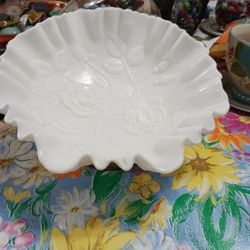 Imperial Glass White Satin Ruffled Edge Bowl With Embossed Roses