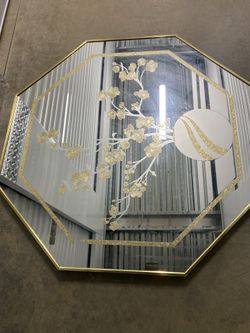 LARGE Windsor Art Mirror Cherry Blossom Bouquet Gold Frosted Octagonal Wall Mirror Art