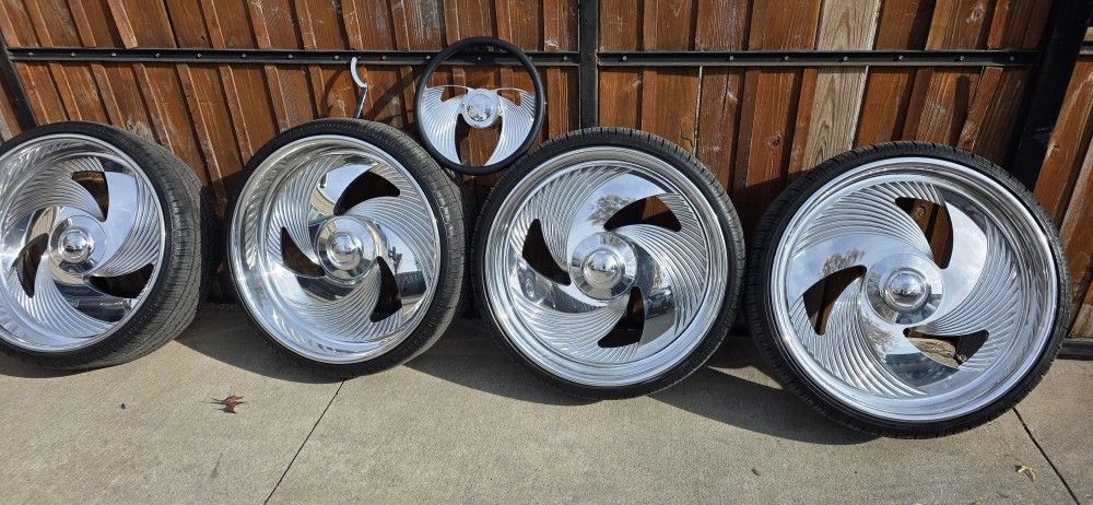 24" Billets With Steering Wheel 5x120 & 5x5