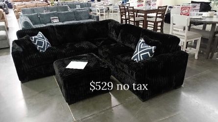 Stylish Black sectional sofa with ottoman fur-like jumbo corduroy
