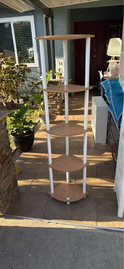 5-Tier Oak and White Corner Shelf Unit HEIGHT 58in WIDTH 13in DEPTH 12in