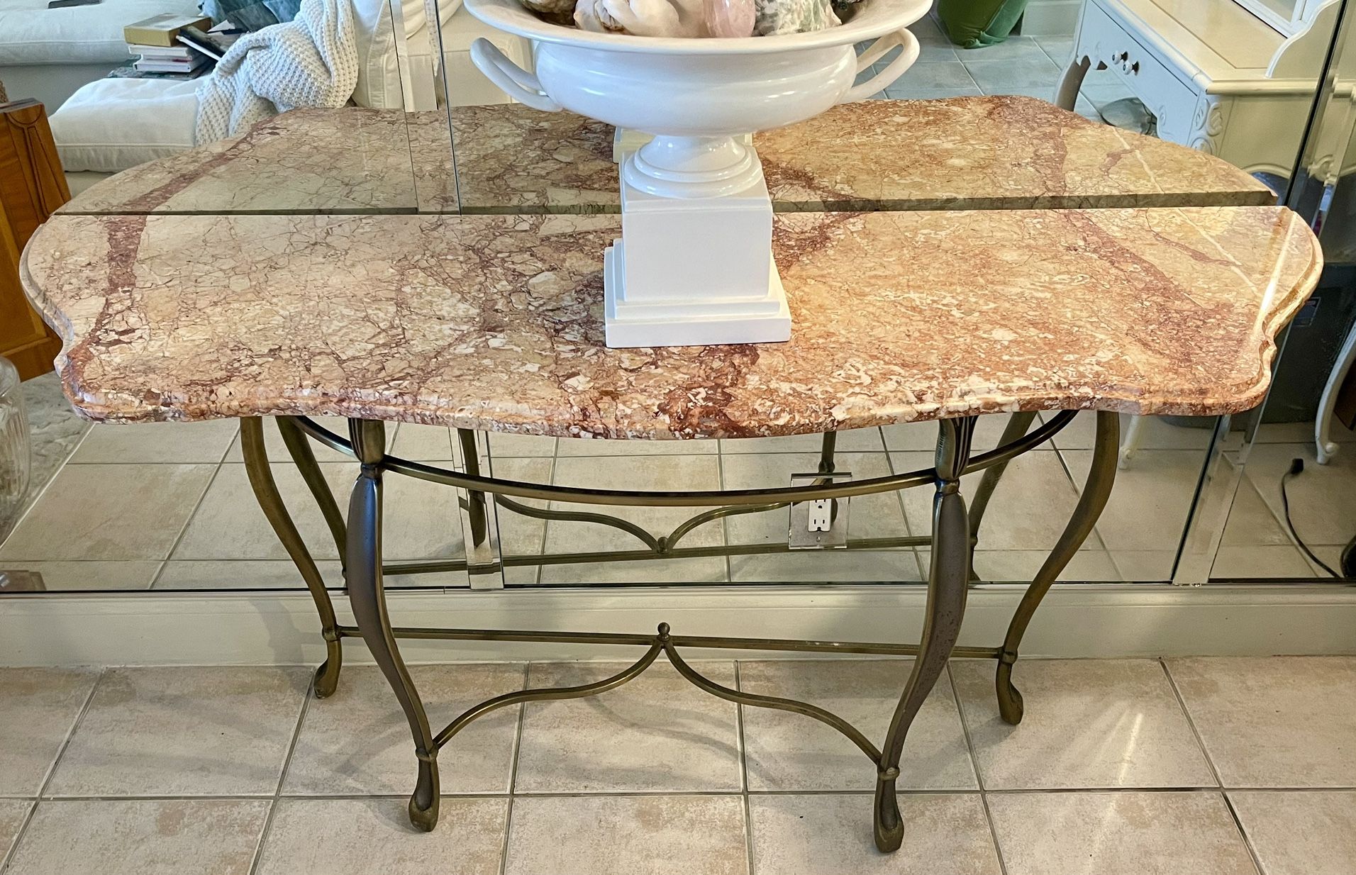 Large Marble Console Table with Solid Brass Legs - Like New Condition
