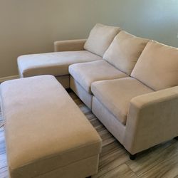 Beige Sectional Sofa With Chaise And Storage Ottoman, Great For Small Spaces! 