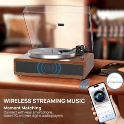 Turntable Record Player with Built-in Speakers, Vinyl Record Player Support Bluetooth Playback Auto Stop 33&45 RPM Speed RCA Line Out AUX in All-in-on