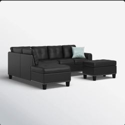 Black Faux Leather Sectional Sofa with Ottoman