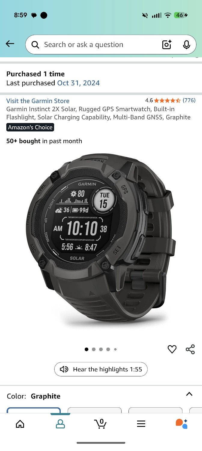 Garmin Instinct 2X Solar, Rugged GPS Smartwatch, Built in