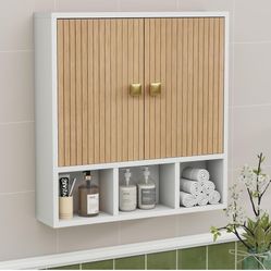 Bathroom Wall Cabinet,Wooden Medicine Cabinet with Fluted Doors Over The Toilet Storage Cabinet with Adjustable Shelf for Bathroom,White 