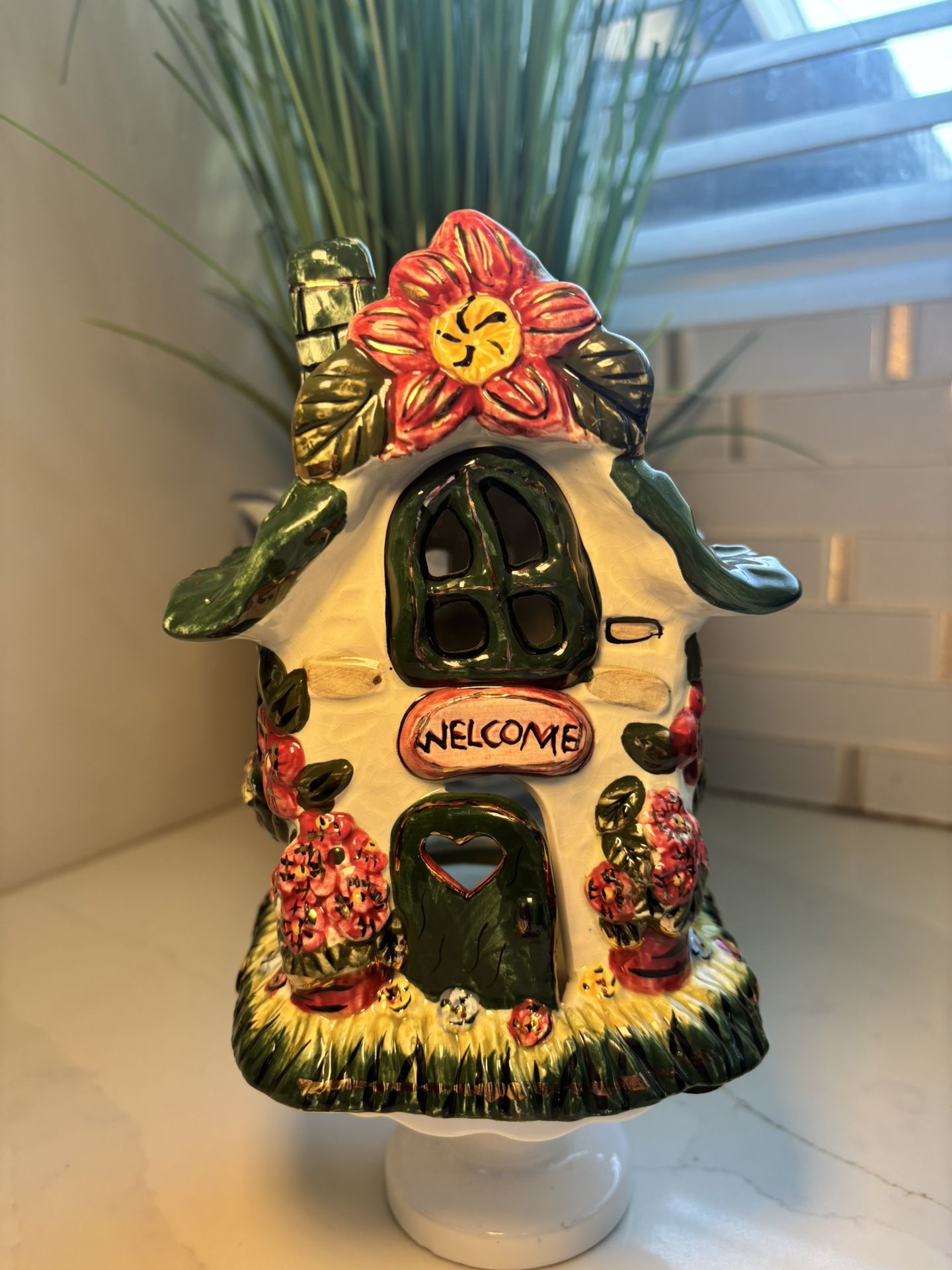 Vintage 2001 Kimberly Designs Ceramic Fairy Cottage Tea Light Candle Holder – Hand Painted "Welcome" Flower House Decor