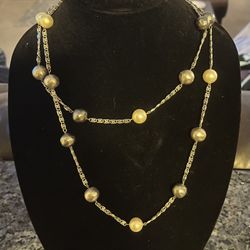 40 Inch Pearl Cream, Silver and Grey Silver Toned Vintage Necklace 