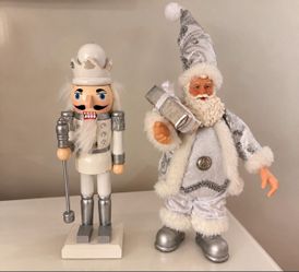 Elegant White & Silver Christmas Santa Claus & Nutcracker Set – 10” Holiday Decor