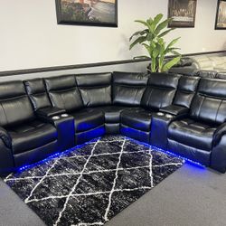 Black Leather Sofa Sectional w/ LED Lights 